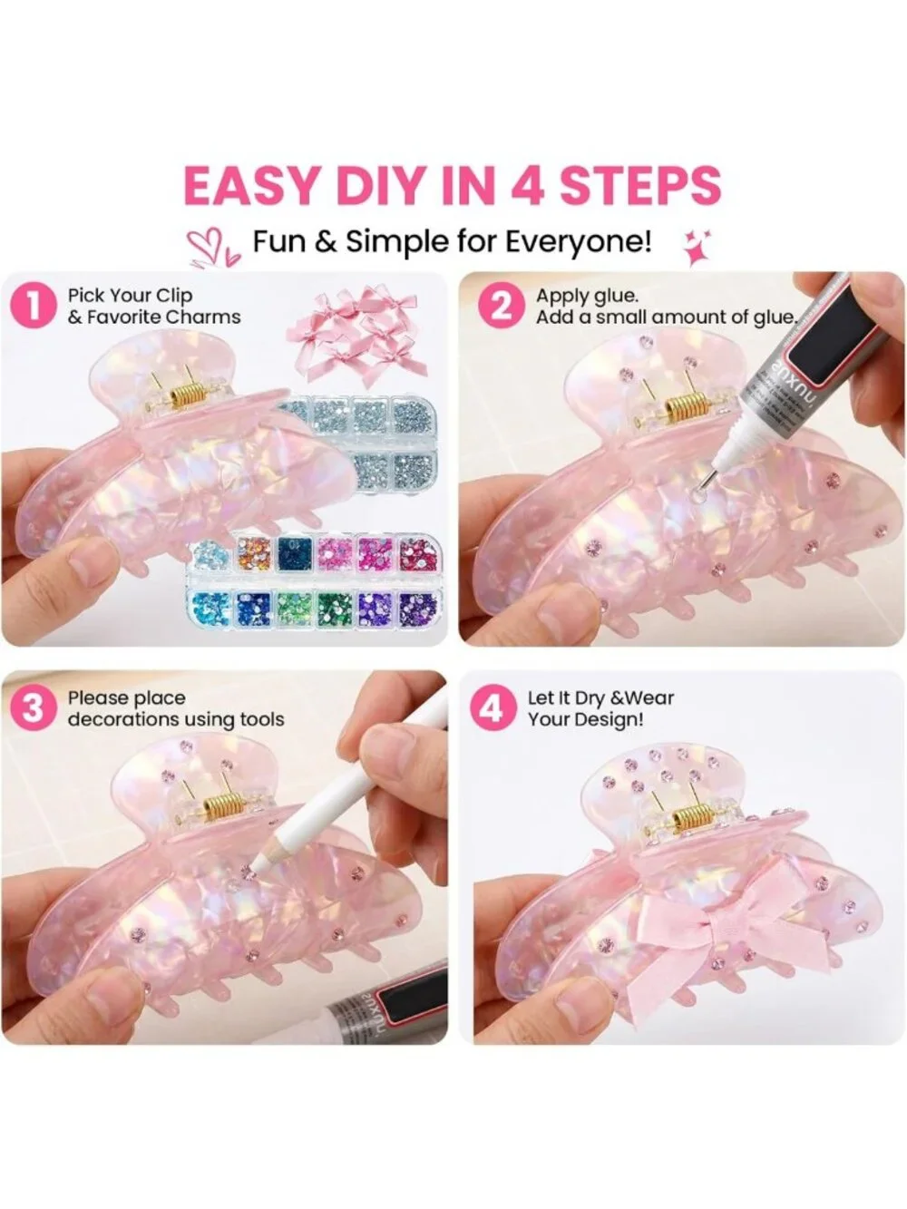 DIY Claw Clip Decorating Kit - 6 Acrylic Hair Clips with Rhinestones & Charms
